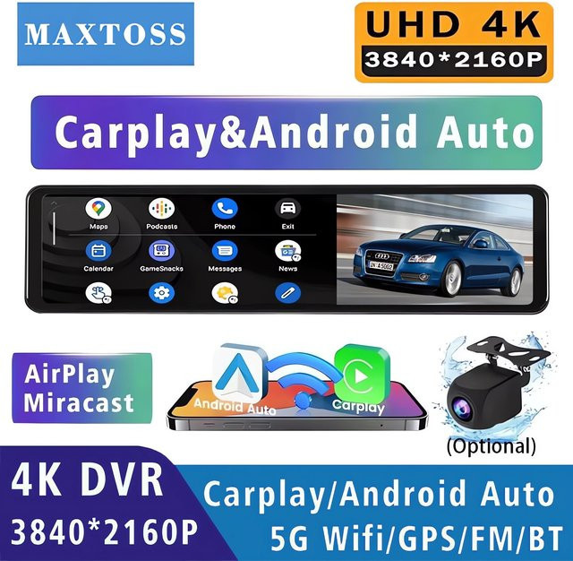Maxtoss 11,26 Zoll 4K Dashcam mit Carplay und Android Auto, Dual Objektiv DVR mit Wifi, GPS, Bluetooth und FM-Transmitter, Schwarz - Bild 1