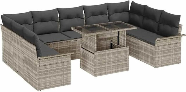 vidaXL Garten-Sofa-Set aus Poly Rattan in Hellgrau mit Kissen, 10-teiliges U-Shape Lounge-Set mit Tisch, Ecksofas, Mittelsitzen und Armlehnsesseln - Bild 1