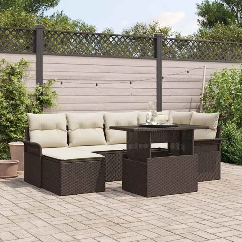 Vidaxl Gartensofa-Set aus Poly-Rattan in Braun mit 7 Teilen, modularer Loungemöbel-Komposition mit Fußhocker und Polstern - Bild 1