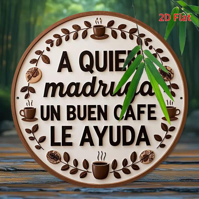 Rundes Vintage-Metallblechschild von Potdemiel mit spanischem Zitat A Quien Madruga Un Buen Cafe Le Ayuda, mehrfarbige Wanddekoration im Bauernhaus-Stil, Durchmesser: 20 cm - Bild 2