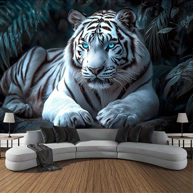 VIKAMA Wandteppich mit weißem Tiger Motiv in Weiß zur Wanddekoration für Wohnzimmer und Schlafzimmer - Bild 1