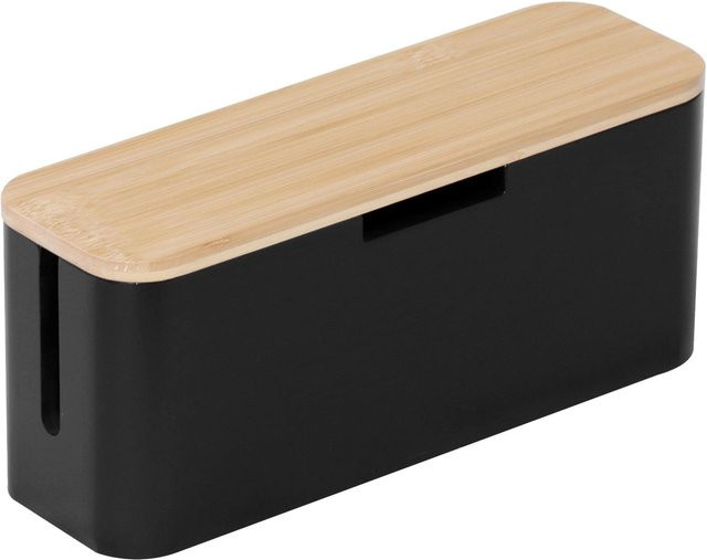 Relaxdays Kabelbox aus Bambus in Natur und Schwarz mit Magnetverschluss, B/T/H: 34 x 14,5 x 11 cm - Bild 1