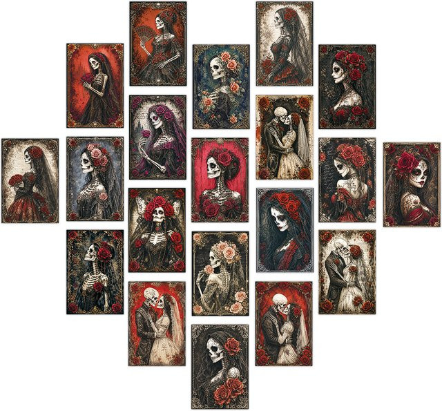 20 Stück Retro Halloween Postkarten mit Totenköpfen und roten Rosen für Journaling und Wandkunst - Bild 1