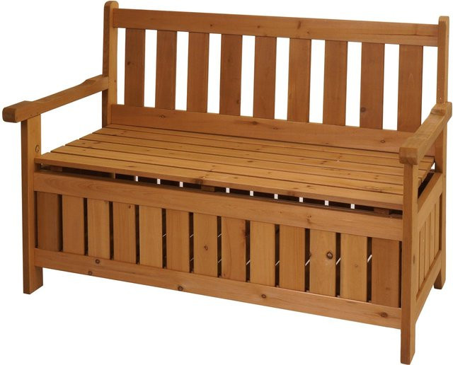 Gartenbank MCW-L68 aus Tannenholz mit Stauraum und Armlehnen, Braun, B: 114 cm, H: 85 cm, T: 60 cm - Bild 1