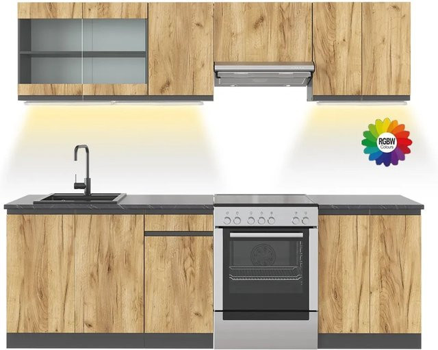 Vicco Raul Küchenzeile J-Shape in Goldkraft Eiche, moderne Eckküche mit integrierter LED-Beleuchtung, Breite: 240 cm - Bild 1