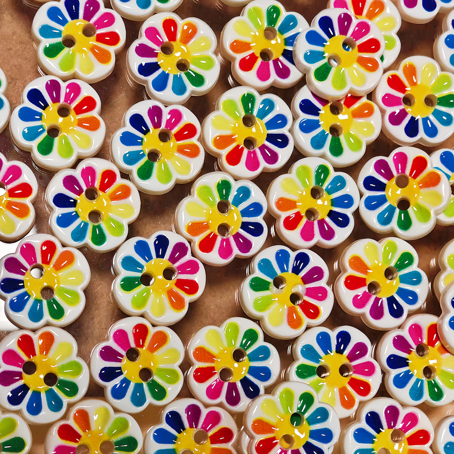Regenbogenfarbene Blumenknöpfe aus Harz mit zwei Löchern für Pullover und Kunsthandwerk, Multicolour - Bild 2