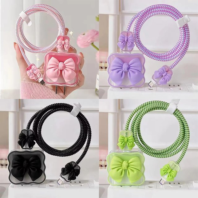 5er-Set Ladekabel-Schutzhülle von TAOYUNXI in Pink und Grün für iPhone 18W/20W mit Schleifen-Design als Ladekabel-Organizer und Adapter-Schutzhülle - Bild 1