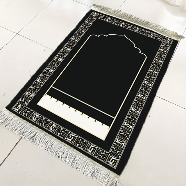 VIKAMA Minimalistischer Islamischer Gebetsteppich in Schwarz-Gold mit Quasten und rutschfester Unterseite - Bild 1