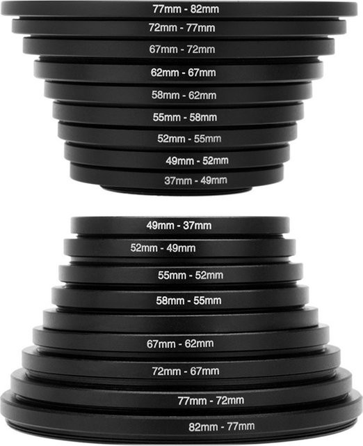SZKOSTON Kameraobjektivfilter Step Up/Down Adapterring-Set in Schwarz für DSLR-Objektive, 9-teilig oder 18-teilig, 37–82 mm und 82–37 mm - Bild 1
