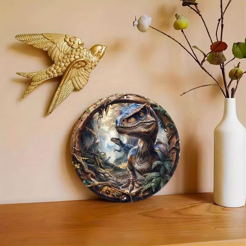 Potdemiel Velociraptor Wandkunst aus Aluminium, rundes Dinosaurier-Dekor für drinnen und draußen, Durchmesser: 20,32 cm - Bild 3