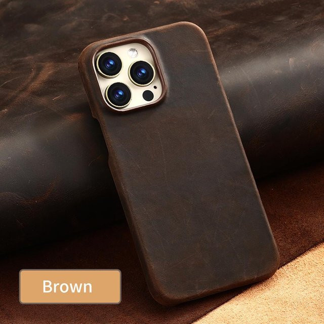 Retro Rindsleder Handyhülle für iPhone 15 16 17 Pro Max in Braun aus echtem Pull-Up Leder - Bild 1