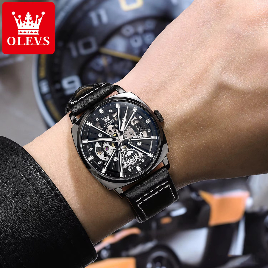 OLEVS Armbanduhr, Mechanisch, Handaufzug, Leder, Schwarz, Herren - Bild 4