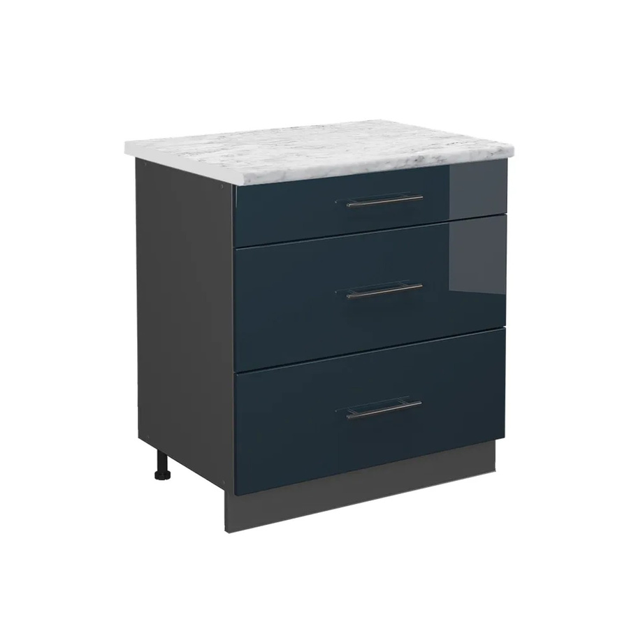 Vicco Küchenunterschrank Fame-Line Dunkelblau Anthrazit Hochglanz mit 3 Schubladen und Arbeitsplatte Weiß-Marmor B/T/H: 80 x 60 x 82 cm - Bild 2