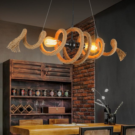 Vecli Industrie Pendelleuchte aus Hanfseil und Metall in Schwarz und Braun, verstellbare Retro Deckenleuchte für Esszimmer und Restaurant
