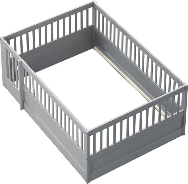 KOMHTOM Kinderbett aus Kiefernholz mit Gitter und Tür in Grau, B/T/H: 140 x 200 x 60 cm - Bild 1