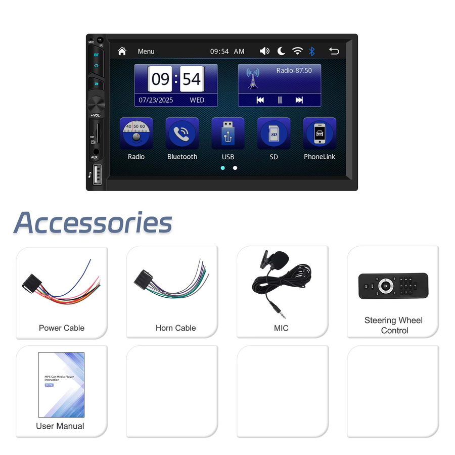 Podofo 2Din 7 Zoll Autoradio mit kabellosem Carplay und Android Auto, Bluetooth, AUX und EQ Sound, Schwarz - Bild 7