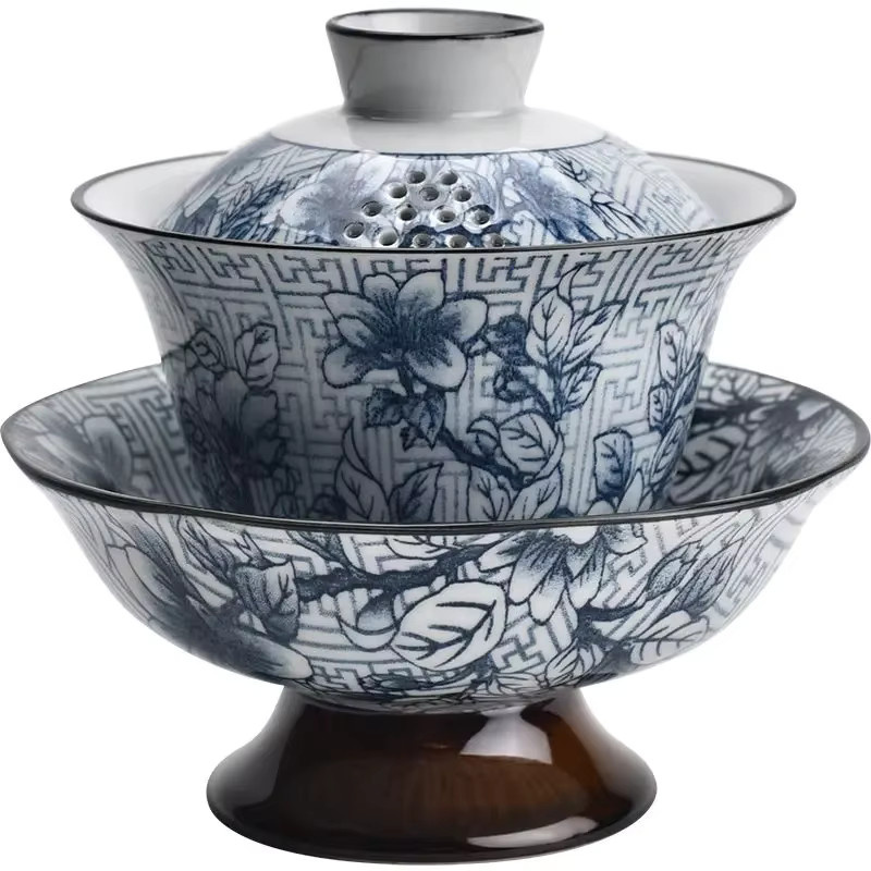 Handgefertigte Keramik-Gaiwan aus Porzellan in Blau und Weiß, 160 ml, Gongfu-Teegeschirr mit hohem Fuß - Bild 6