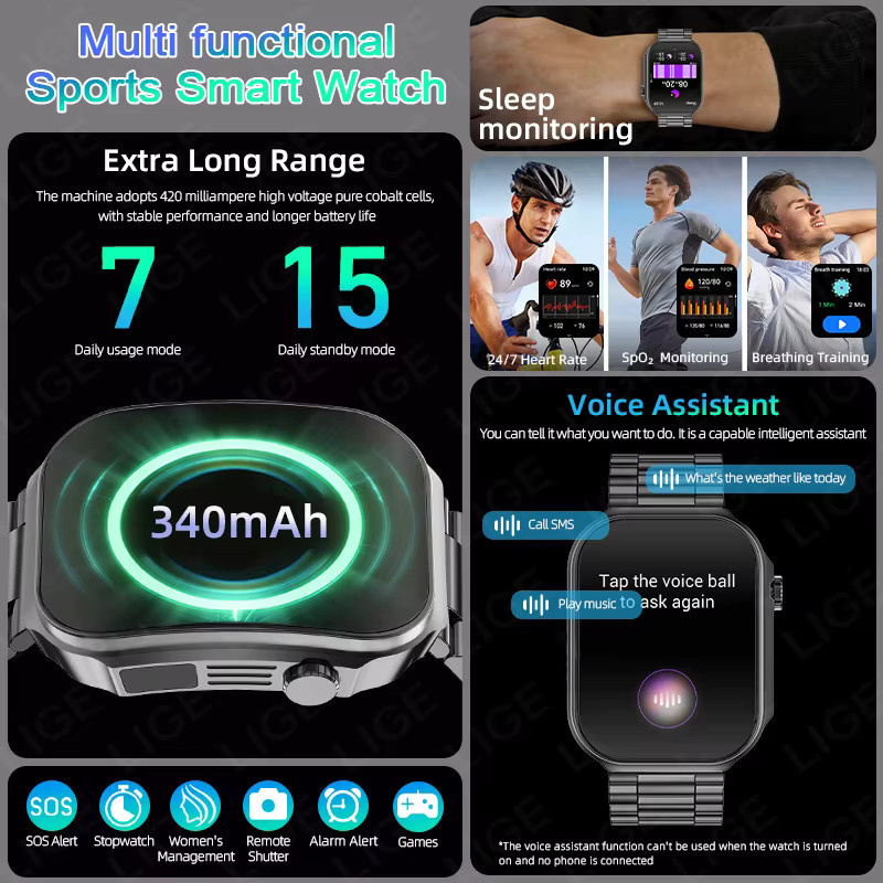 LIGE Smartwatch mit Bluetooth-Anruffunktion, 2,2 Zoll HD-Curved-Screen, Sport- und Gesundheitsmonitor mit Körpertemperaturmessung, Schwarz, Edelstahl und Silikon, kompatibel mit Android und iOS - Bild 6