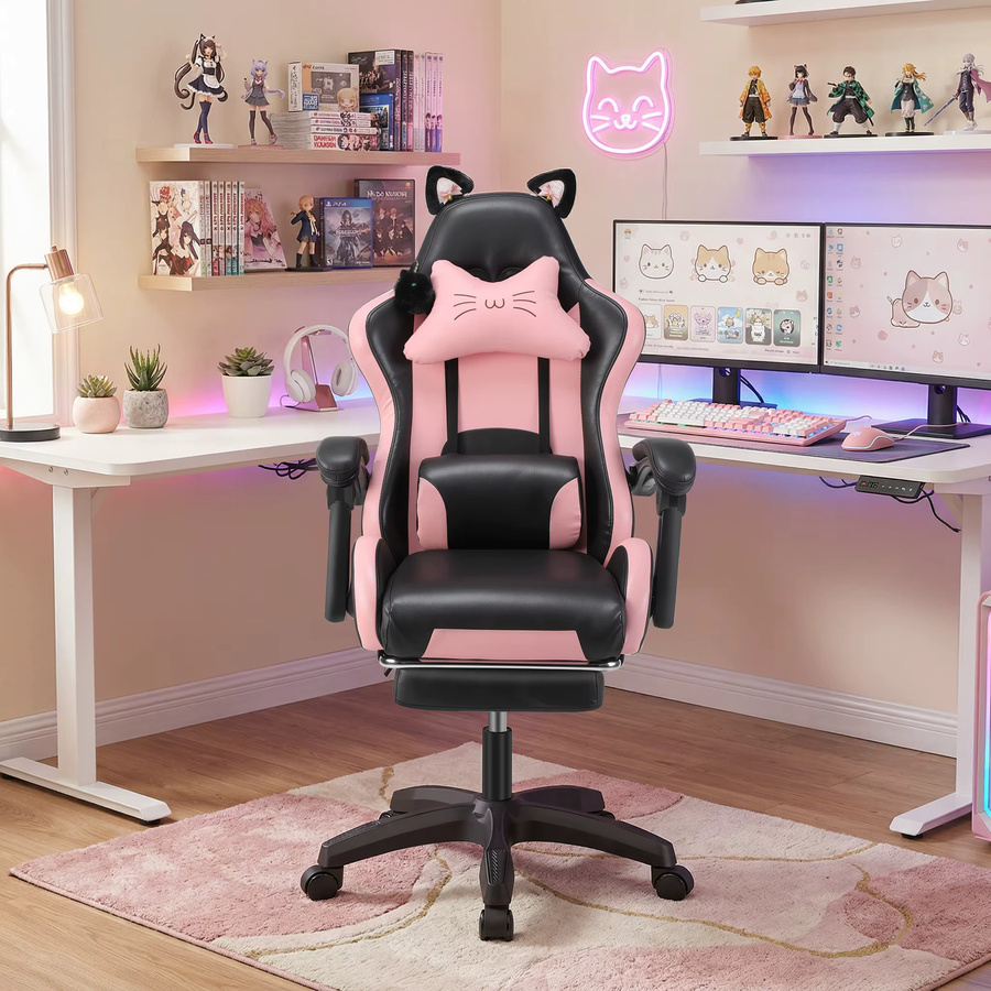 Oyajia Gaming-Stuhl in Lila aus PU-Leder mit hoher Rückenlehne, Fußstütze und Lendenwirbelstütze - Bild 7