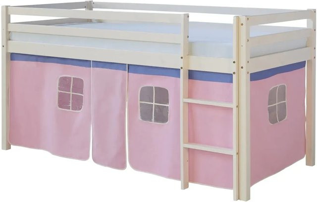 Homestyle4u Hochbett aus Kiefernholz mit Vorhang, Lattenrost und Matratze, Farbe Weiß, B/T/H: 90 x 200 x 207,5 cm - Bild 1