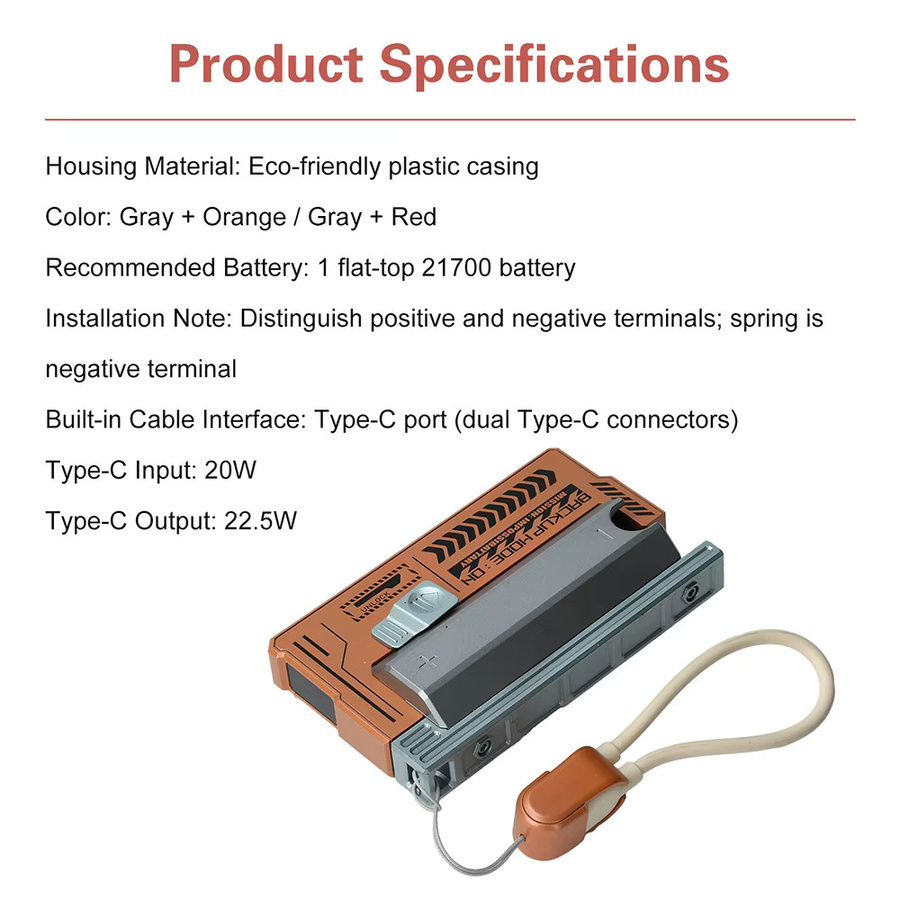 DIY Power Bank Gehäuse für 21700 Batterien mit 22,5 W Schnellladefunktion in Orange - Bild 4