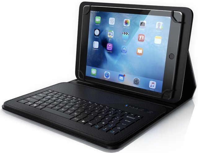 CSL Bluetooth Tastatur mit Schutzhülle für 9-12 Zoll Tablets, magnetische Befestigung, Multimedia Funktionstasten, QWERTZ Layout, Schwarz - Bild 1