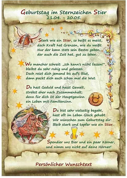 Geburtstagsurkunde Sternzeichen Stier von tantum graphic als Wandbild aus Papier in Mehrfarbig - Bild 1
