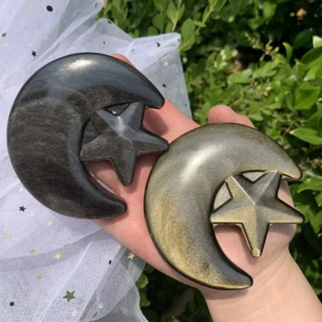CrystalHola Obsidian-Mond mit Sternschnitzerei in Silber und Gold als Altar-Dekoration - Bild 1