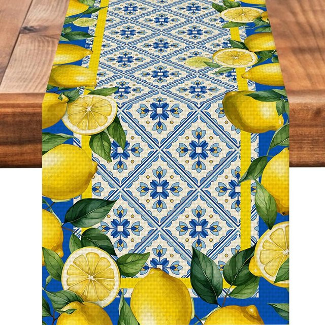 JMG Household Supplies Tischläufer aus Leinen mit blauem Zitronen-Fliesen-Design in Blau und Gelb, B: 150 cm, T: 33 cm - Bild 1