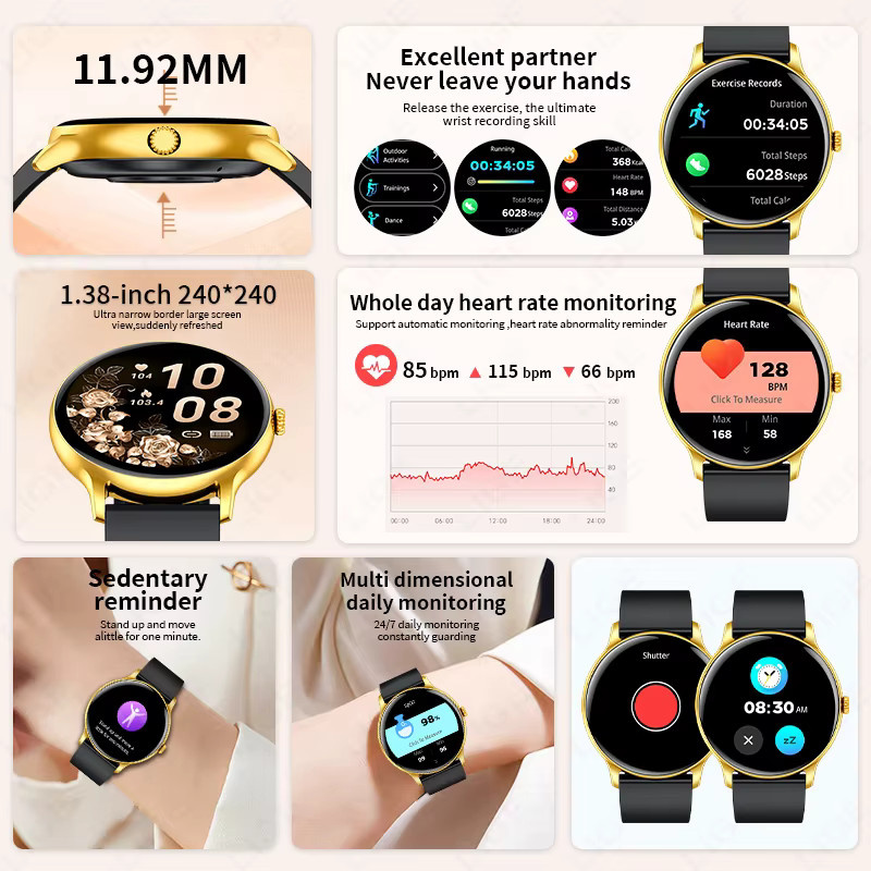 LIGE Smartwatch, Silikon, Gold, Unisex, Bluetooth, Wasserdicht - Bild 5