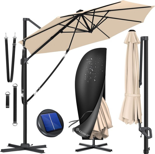 KESSER Ampelschirm SUN Rund XL Ø 330 cm mit Abdeckung und Windschutzseilen, 7-fach verstellbar, neigbar und 360 Grad drehbar, UV50+ Sonnenschutz aus Polyester - Bild 1