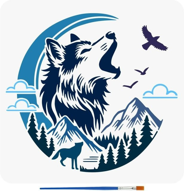 Mondwölfe Malschablonen Set mit Pinsel für Naturmotive wie Berge, Wolf, Wald, Wolken und Wildgänse, Breite: 30,0 cm, Tiefe: 30,0 cm - Bild 1