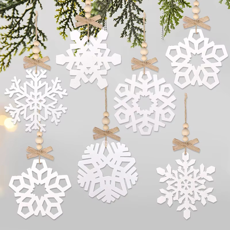 6er Set ZQNYCY Holz Schneeflocken Ornamente in Braun und Weiß als Weihnachtsbaum Anhänger und DIY Bastelset für Weihnachten und Silvester - Bild 3