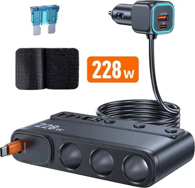 Kebidumei 228W Auto-Ladegerät in Schwarz mit 3 Zigarettenanzünder-Buchsen, 3 QC3.0 USB-Anschlüssen und 65 cm ausziehbarem PD Typ-C Schnellladegerät - Bild 1