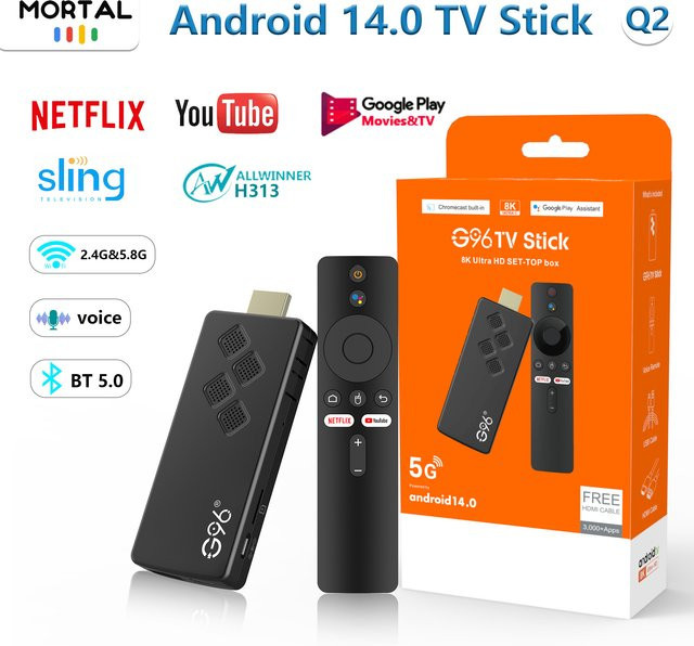 Mortal Q2 TV-Stick mit Android 14, 4K UHD, Wifi6 und Bluetooth 5.0, Schwarz - Bild 1