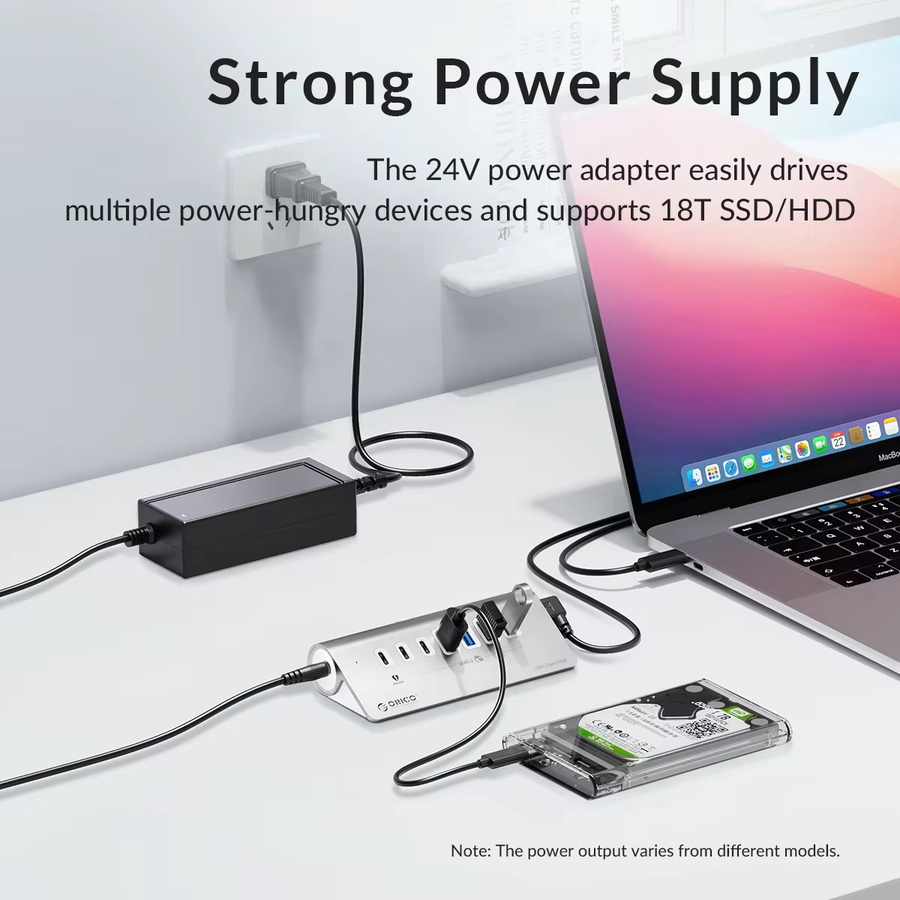 ORICO USB 3.2 Hub Typ C mit 7 Ports und PD 60W Ladestation, 10 Gbit/s Expander in Silber - Bild 3