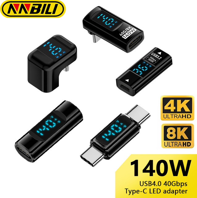 NNBILI USB-C Adapter 90 Grad U-förmig mit 140W PD, USB4.0 40 Gbit/s Datenübertragung und 8K 60 Hz Video für Thunderbolt 3/4, Schwarz oder Blau - Bild 1