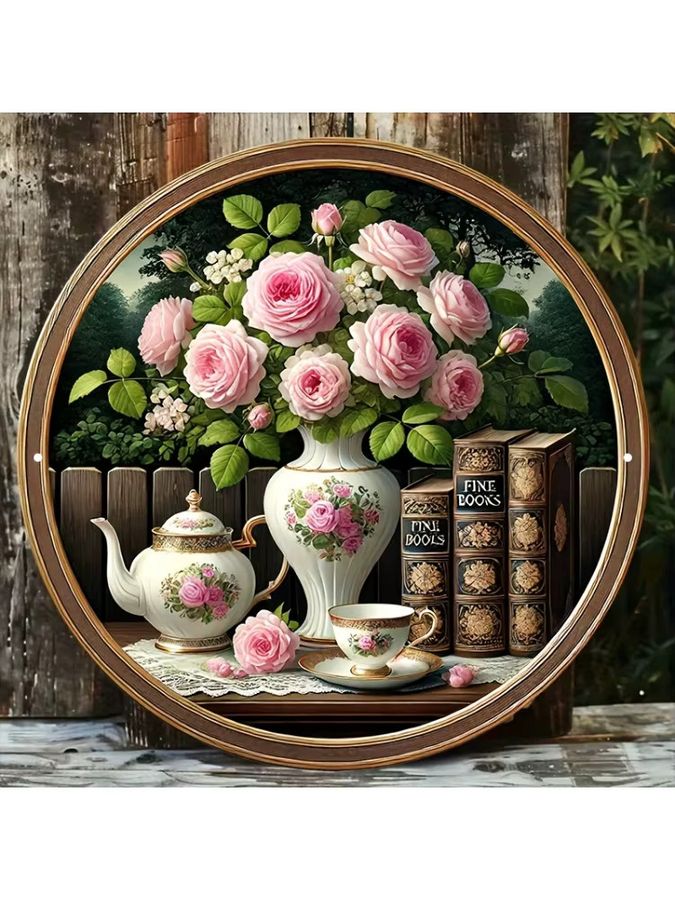 Rundes Aluminiumschild Potdemiel Vintage Rosenblüten Teeset und Bücher Dekorationsplakette Durchmesser: 20,32 cm - Bild 4