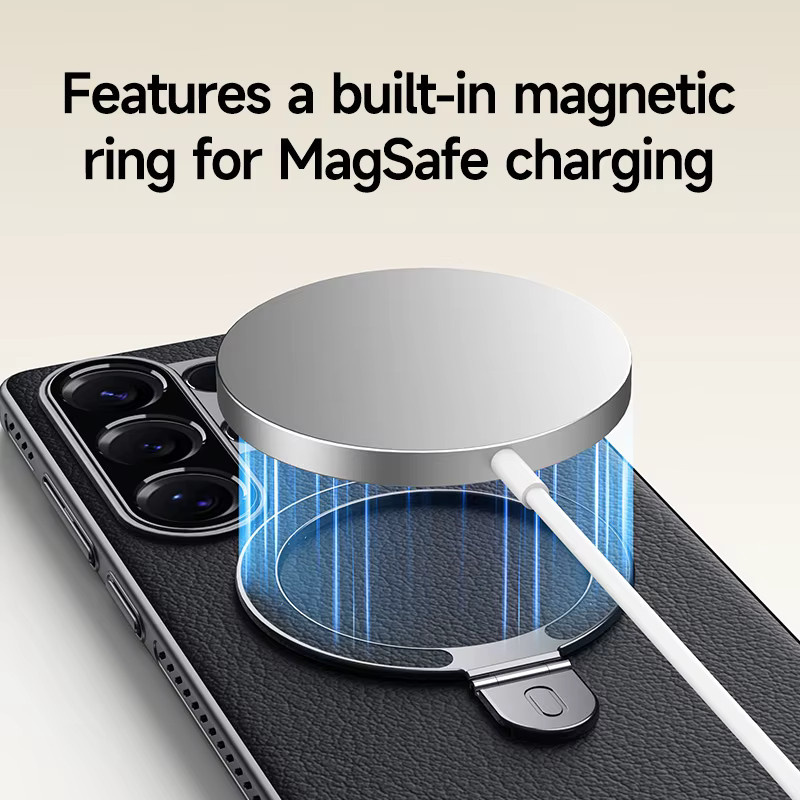 Leder-Schutzhülle mit Streifen-Design und Loch-Wärmeableitung für Samsung Galaxy S24 Ultra und S25 Ultra in Schwarz mit Metall-Halterung und Objektivschutz - Bild 4