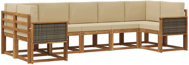 vidaXL Outdoor-Sofagarnitur aus Massivholz Akazie in Natur und Beige, 7-teiliges L-Shape Set mit Sitz- und Rückenkissen - Bild 1