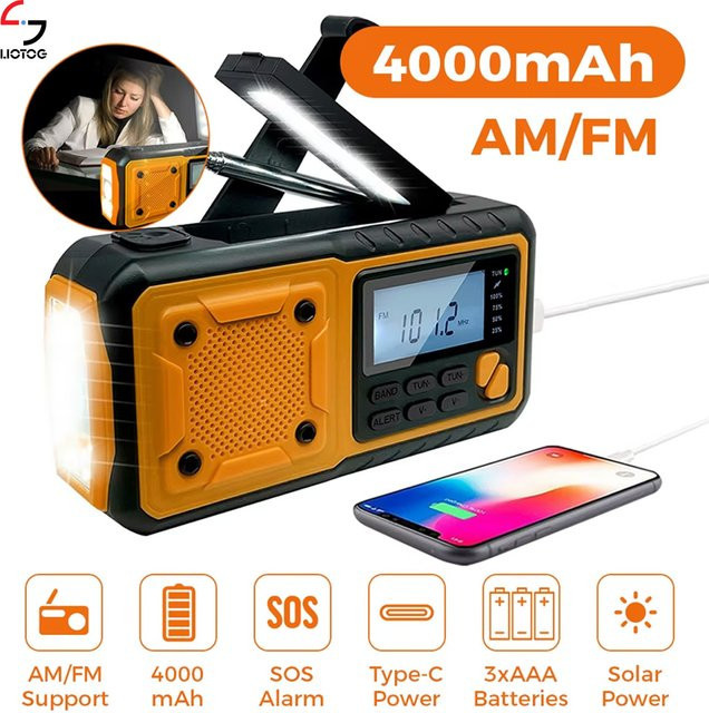 LOTOTG Tragbares Notfall-Solar-Radio mit Handkurbel und LED-Taschenlampe in Orange, AM/FM Wetterradio mit Powerbank und Telefon-Ladegerät - Bild 1