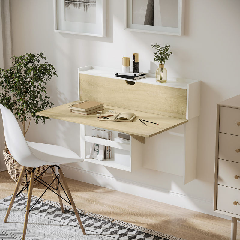 HOMCOM Klappbarer Wandtisch mit Stauraumregalen und Schrank in Naturholzoptik - Bild 2