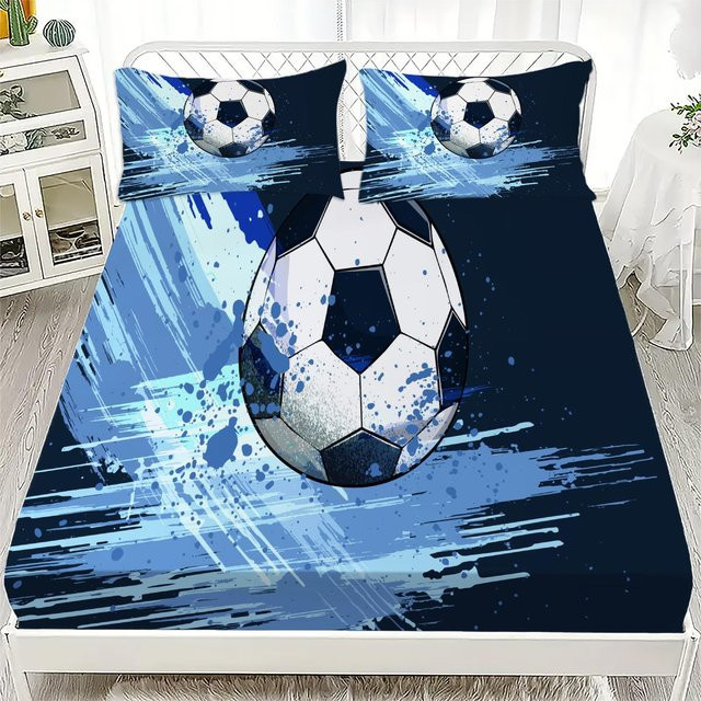 Lodestar 3D Fußball Bettwäsche Set mit Spannbettlaken und Kissenbezug in Blau, Material Mikrofaser Polyester, für Kinder und Jungen, Maße: Bettwäsche 150 x 200 cm, Spannbettlaken 180 x 200 x 25 cm - Bild 1