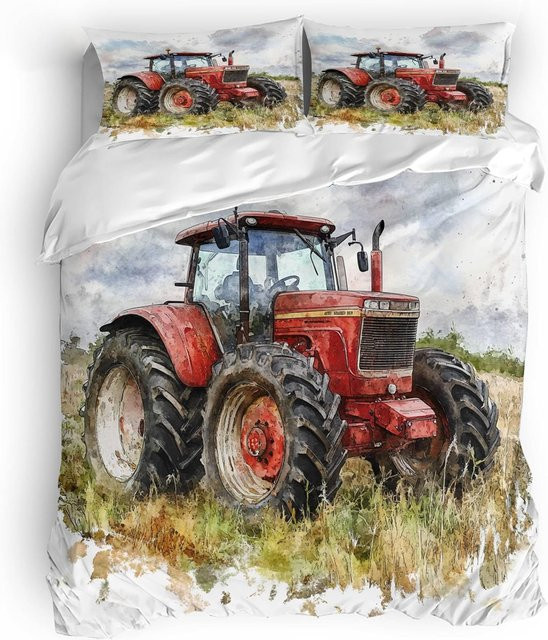 Bettbezug Set mit Kissenbezügen 3D Cartoon Bauernhof Traktor Design aus Mikrofaser, Rot, B/H: 140 x 210 cm - Bild 1