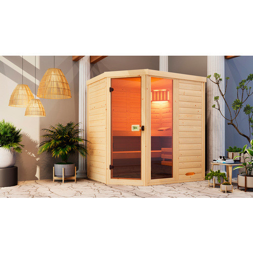 WEKA Massivholzsauna Laukkala 2 für 6 Personen in Braun inklusive 5,4 kW Ofen mit integrierter Steuerung und Kompakt-Saunaleuchtenset - Bild 2