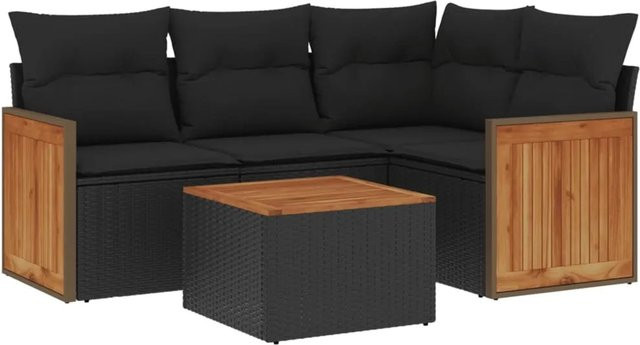 vidaXL 5-teilige Garten-Sofagarnitur in L-Form aus schwarzem Poly-Rattan mit Kissen und Akazienholz - Bild 1