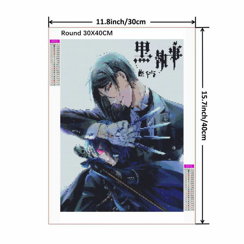 Potdemiel 5D DIY Diamantmalerei Mosaik Set Schwarzer Butler Japan Anime Kunsthandwerk mit runden Steinen in Schwarz und Mehrfarbig - Bild 1