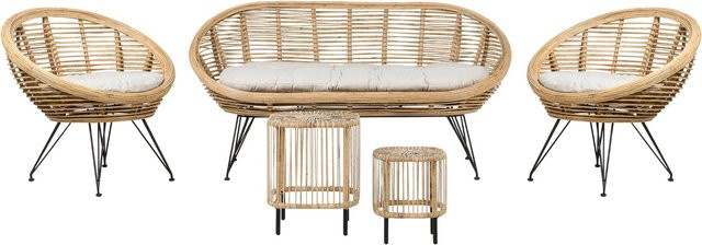Beliani Sitzgruppe MARATEA/CESENATICO in Hellbeige mit Outdoor-Sofa, Lounge-Sesseln, Couchtisch und Ottoman im Boho-Stil - Bild 1