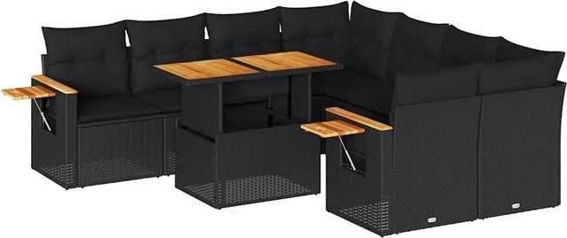 vidaXL 9-tlg. Garten-Sofagarnitur in L-Form aus Poly-Rattan und Akazienholz mit Kissen in Schwarz - Bild 1