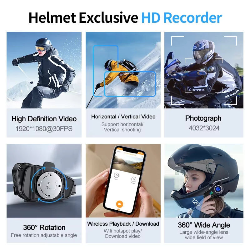 XINOWY Q28 Motorradhelm Bluetooth Headset mit drahtlosem Kamerarecorder, IP66 wasserdicht und staubdicht, Weitwinkel mit 120 Grad und 360 Grad Einstellung, Schwarz - Bild 6
